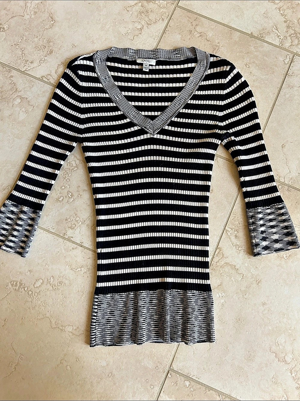 Cache Striped Long Sleeve Sweater in Black & White Size Medium
